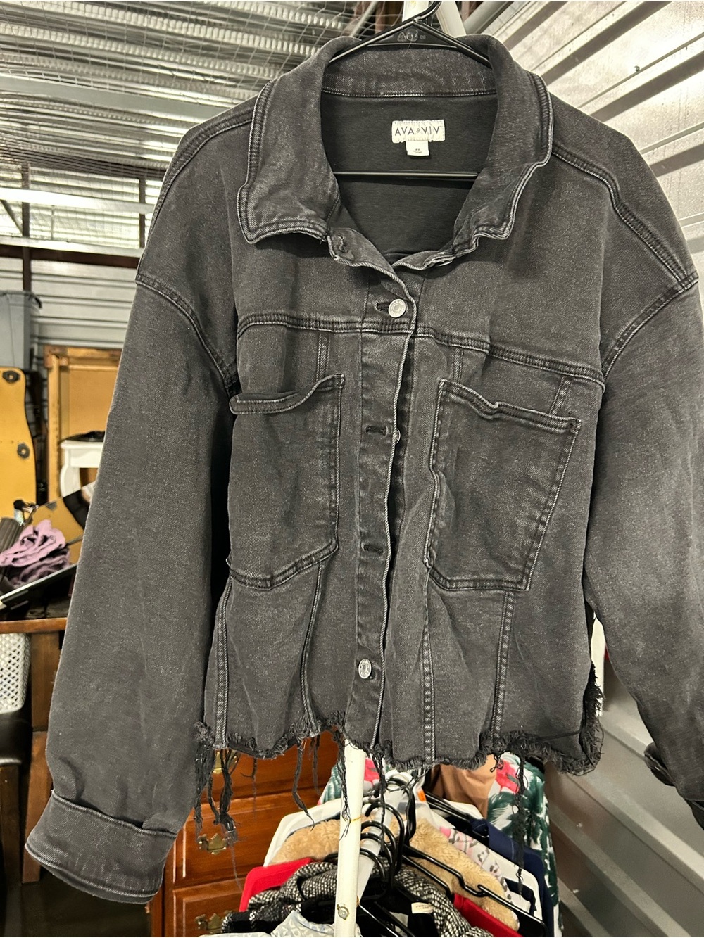 Ava & Viv Washed Charcoal Black Denim Jacket with Frayed Hem